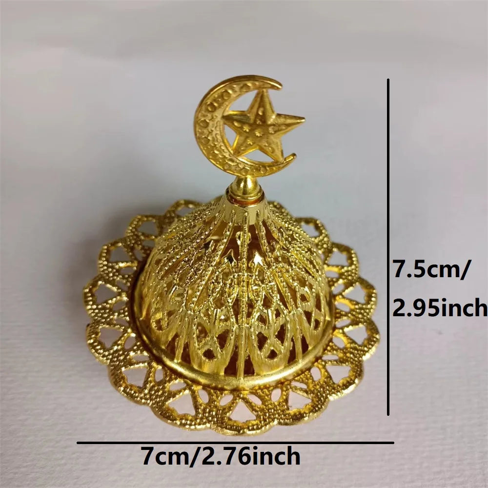 Mini Copper Lotus Incense Burner – Retro Hollow Out Design with Cap, Golden Arab Style for Aromatherapy & Spiritual Blessing Moon and Stars