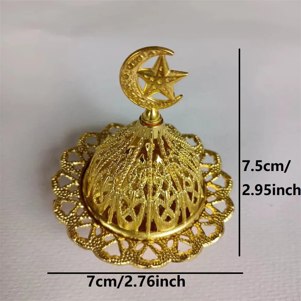 Mini Copper Lotus Incense Burner – Retro Hollow Out Design with Cap, Golden Arab Style for Aromatherapy & Spiritual Blessing Moon and Stars