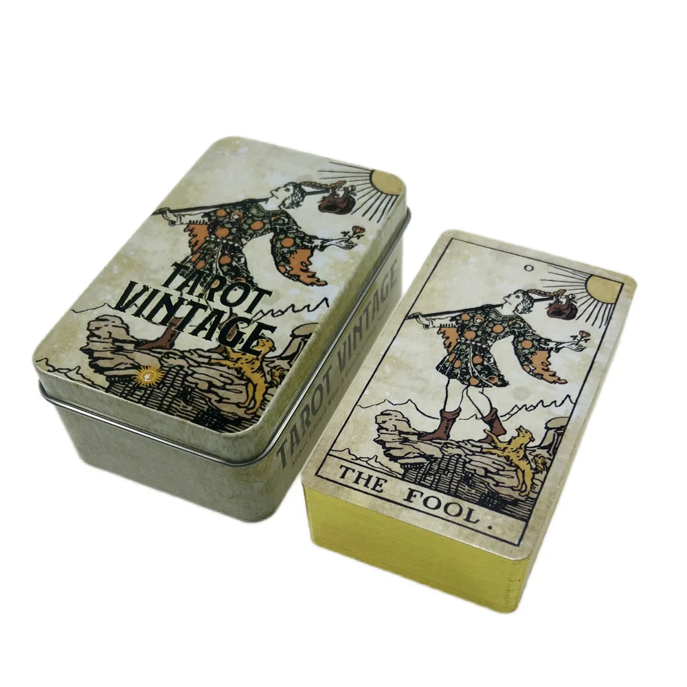 Vintage Tarot Cards – 78-Card Deck with Metal Tin Box, Gold & Green-Plated Edges, 10x6 cm, Includes Paper Manual for Divination & Board Game