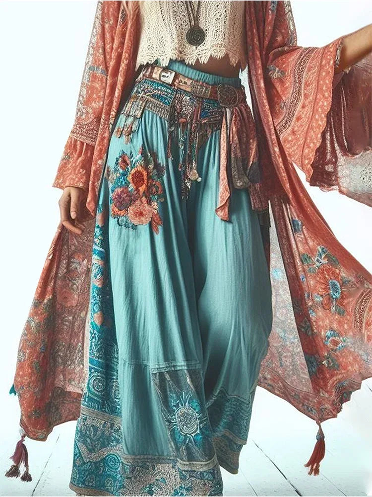 Women Harajuku Floral Print Pants - Thin Casual Wide Leg Loose Ankle Length Fashion Ethnic Style
