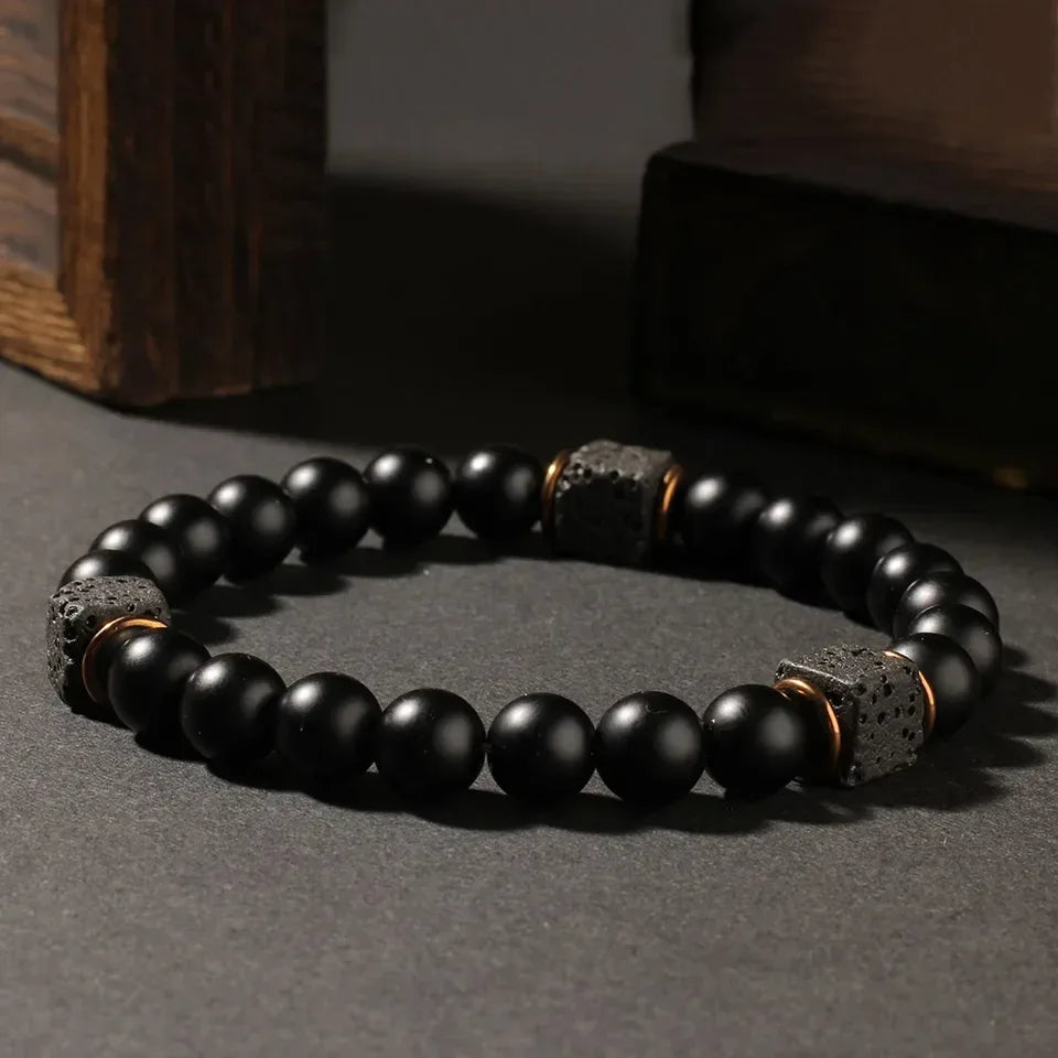 ✨ Creative Square Volcanic Stone and Round Men's Bracelet – Elegant Autumn Black Jewelry – Perfect Brother’s Christmas Gift & Daily Pulsera Hombre