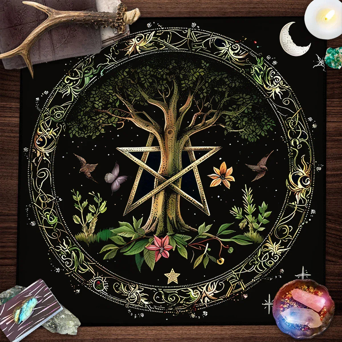 Pentagram Flowers & Plants Tarot Card Tablecloth Polyester Moon Tree of Life Altar Cloth Pagan Starry sky Divination Home Decor