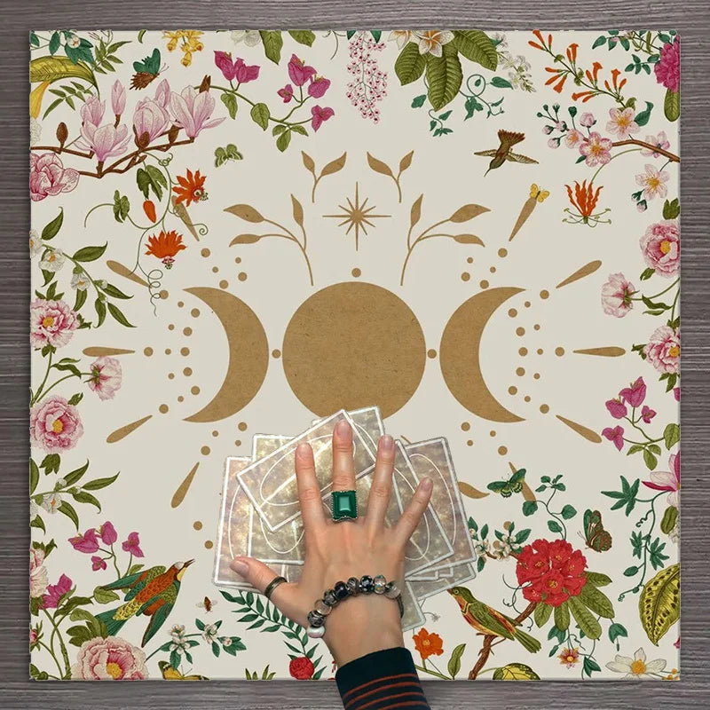 🌙 Lunar Phase Floral Altar Cloth | Tarot Reading Mat & Astrology-Themed Event Tablecloth – Mystical Floral Design for Sacred Space