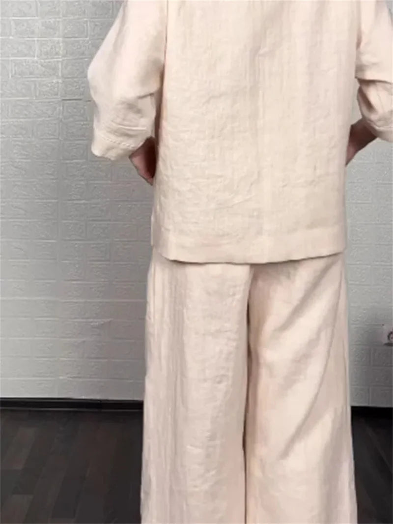 🌿 The Ethereal Asymmetry Set: Premium Women’s 2-Piece Cotton-Linen Ensemble – Avant-Garde Asymmetric Tunic, Three-Quarter Sleeve Comfort, High-Waist Wide-Leg Trousers, and Sophisticated Breathable Summer Lounge Set (S-3XL)