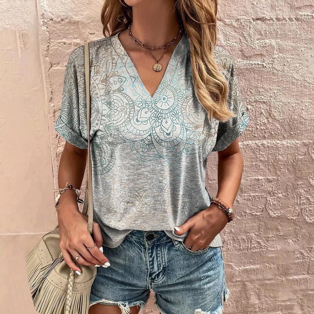 Retro Women’s Floral T-Shirt – Harajuku Style Short Sleeve V-Neck Casual Blouse S56VTX191