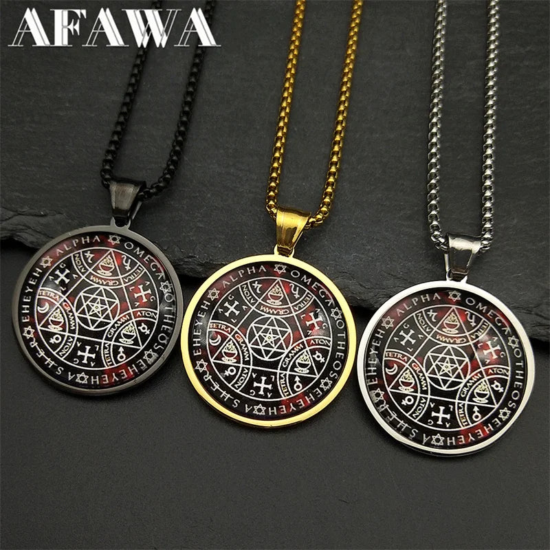 ✨ Key of Solomon Sigil Glass Round Medal Necklace – Stainless Steel Gold Color | Archangel Kabbalah Talisman Jewelry for Women & Men