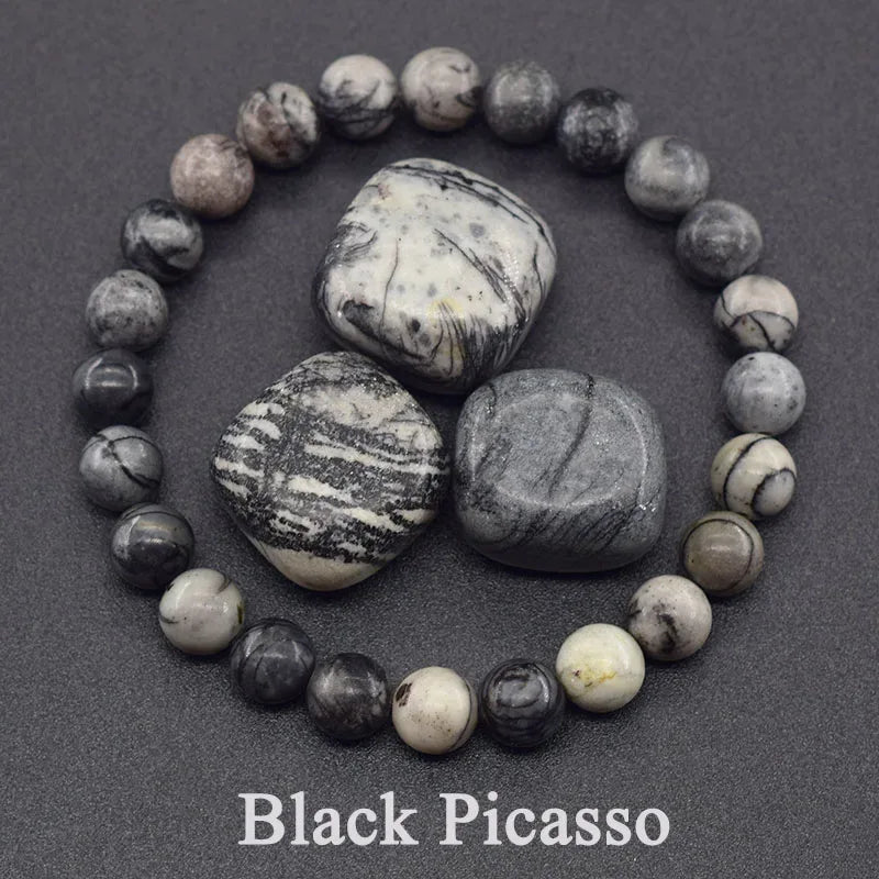 ✨ Natural Red Picasso Jasper Stone Beads Elastic Bracelet – Unisex Healing Crystal Jewelry with Round Red Pine Beads – Elegant Jade Bangle Gift 29 Black Picasso