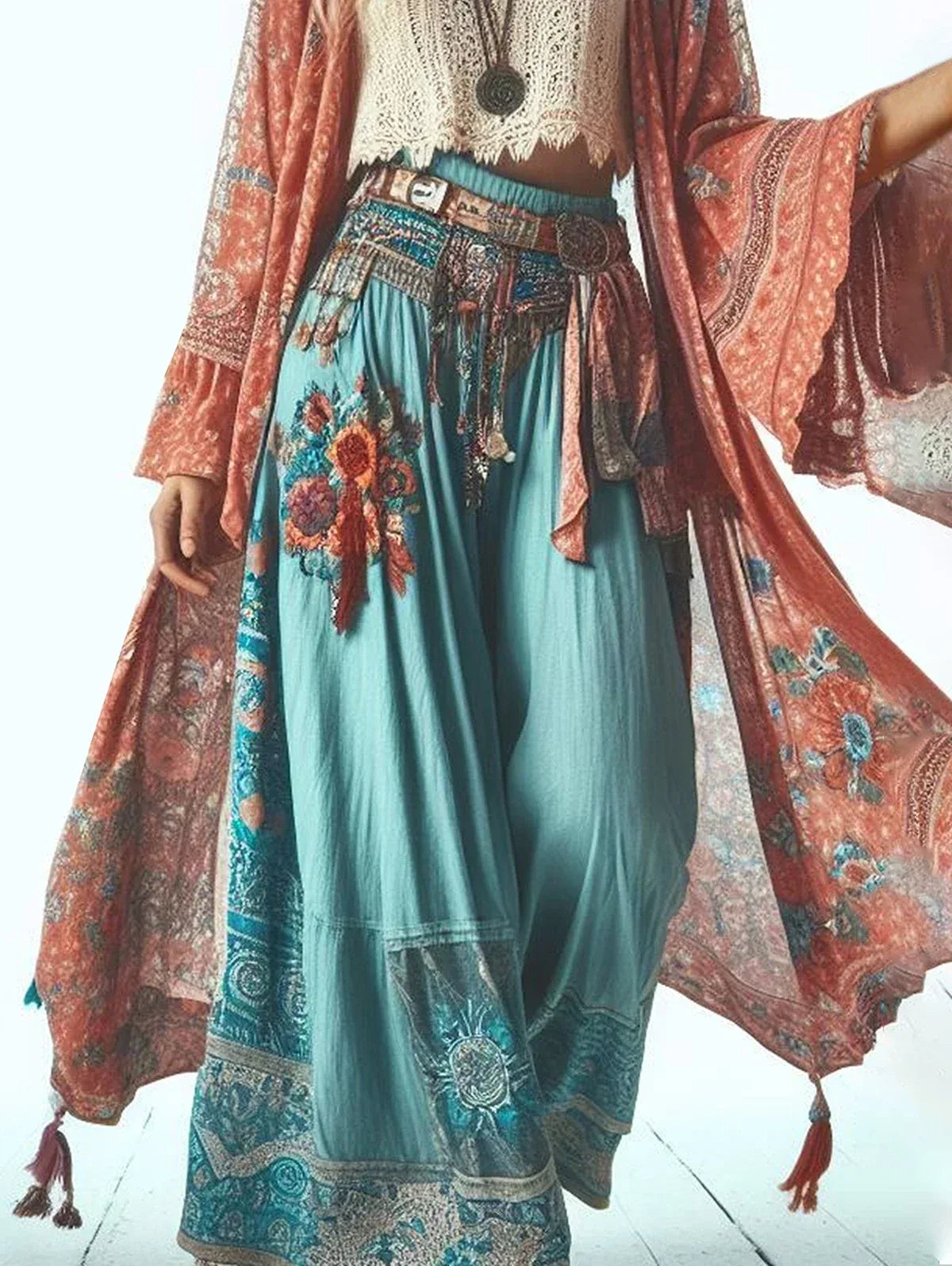Women’s Harajuku Casual Pants - Floral Print Wide Leg Ankle Length Trousers with Elastic Waist