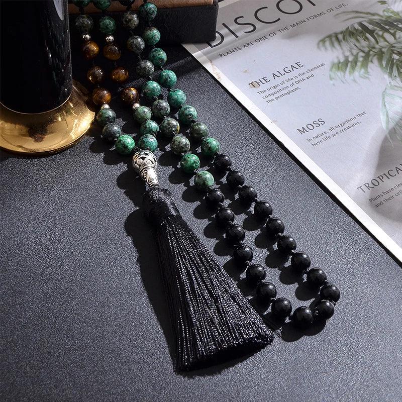🌿 The "Evolution" 108 Mala: African Turquoise, Tiger Eye & Onyx Knotted Meditation Necklace