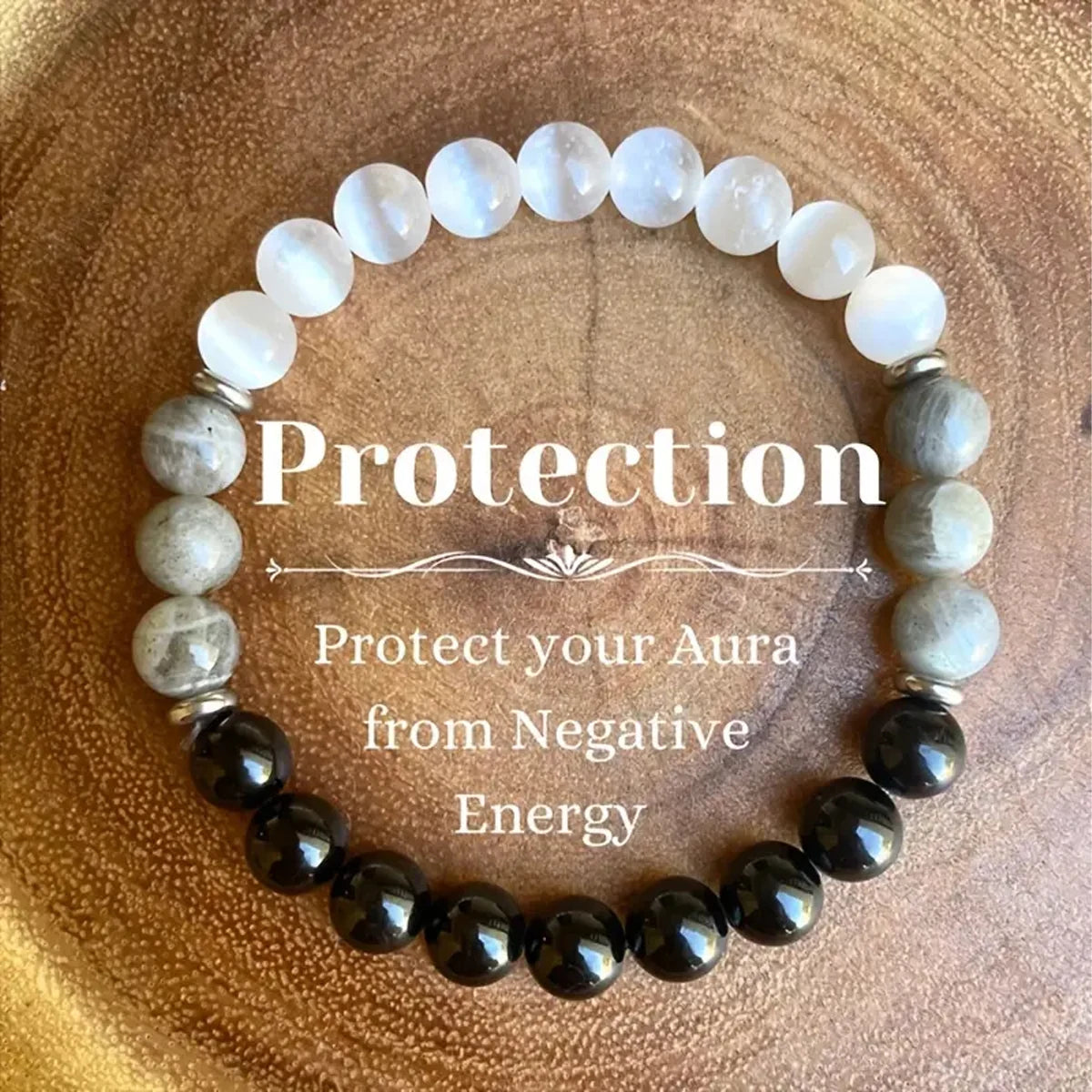 🛡️ Natural Stone Protection Bracelet – Black Tourmaline, Selenite & Labradorite 8mm Gemstone Beads for Energy Shield & Balance