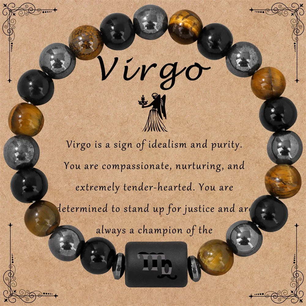 ✨ 12 Constellation Zodiac Sign Bracelet – Tiger Eye, Hematite & Obsidian Triple Protection Stone Beaded Bangle – Empowering Energy Jewelry Gift Virgo
