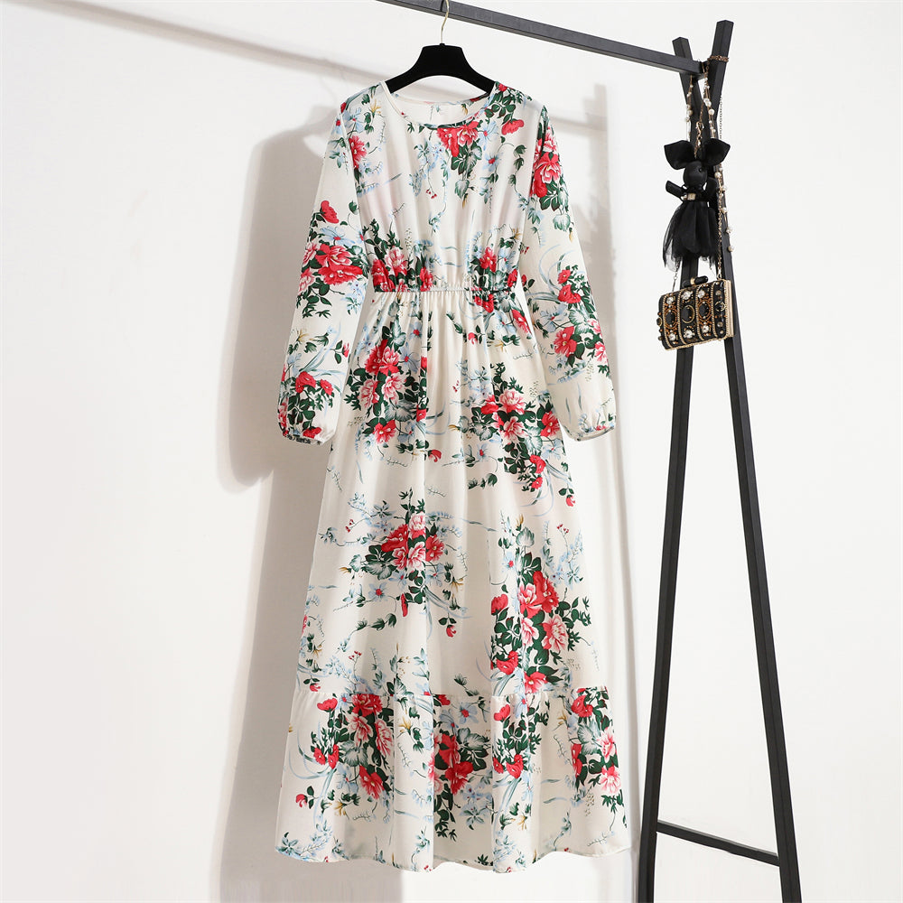 👗 Women’s Bohemian Maxi Dress – Spring Autumn Casual Chiffon Dress with Full Sleeves, High Waist, and Floral Print