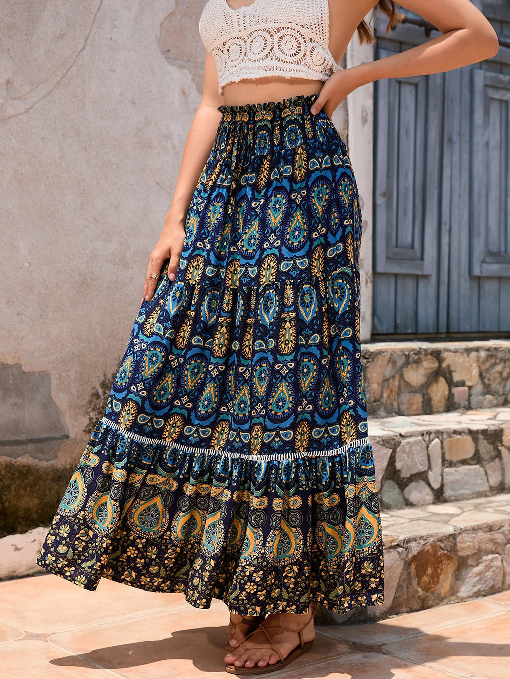 🛍️ Bohemian Printed Skirt – Ethnic Splicing A-Line Long Skirt for Women’s Holiday and Beach Travel darkblue