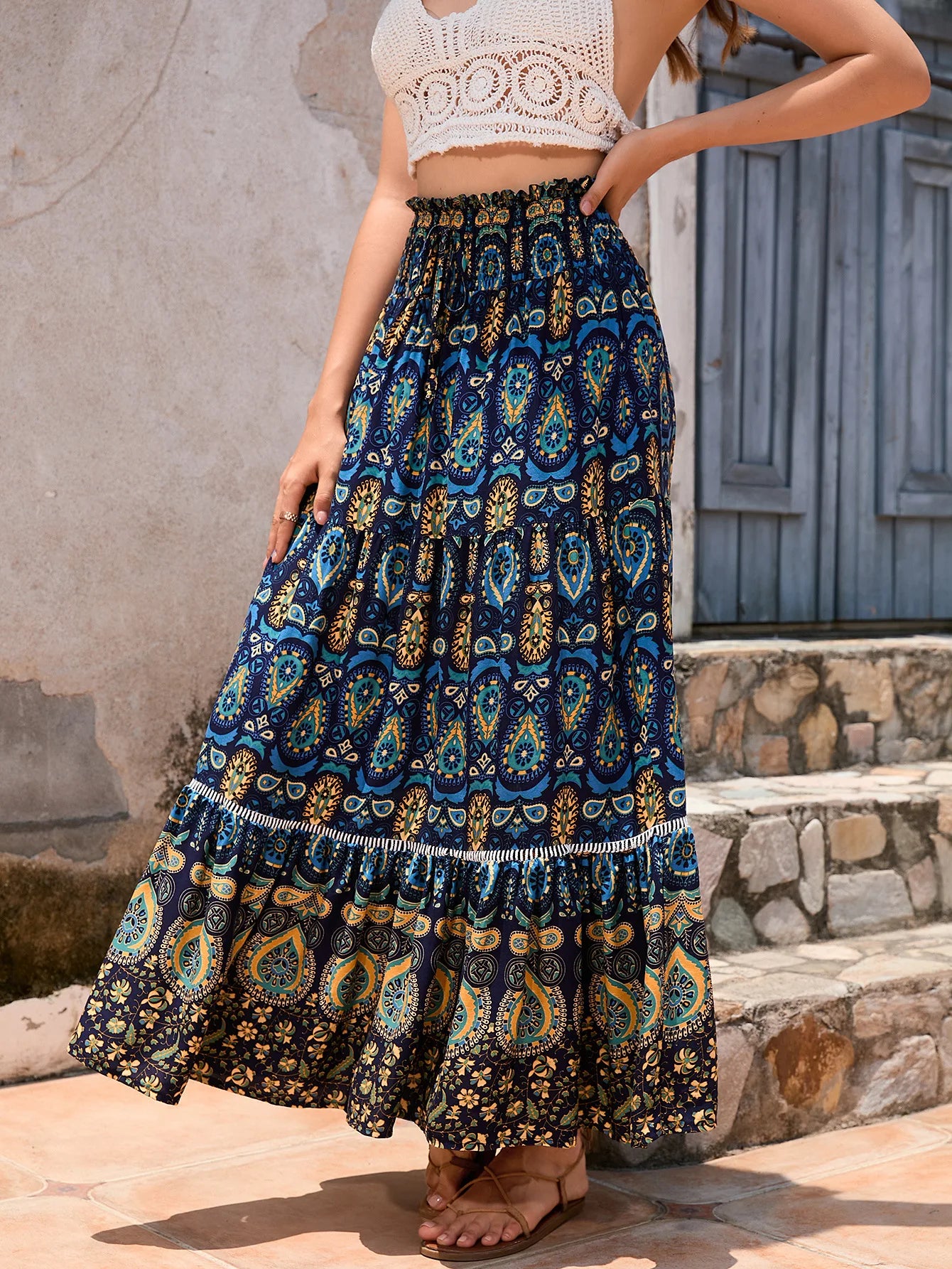 🛍️ Bohemian Printed Skirt – Ethnic Splicing A-Line Long Skirt for Women’s Holiday and Beach Travel darkblue
