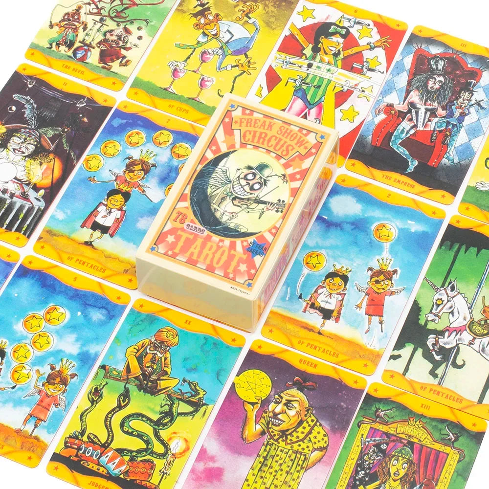 Freak Show Circus Tarot – 78-Card English Edition with Illustrated Guidebook for Divination, Family Gatherings & Party Board Games