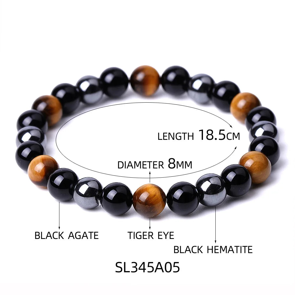 ✨ Tiger Eye Natural Stone Bead Bracelet for Men & Women – Magnetic Hematite & Black Obsidian with Reiki Energy 8mm