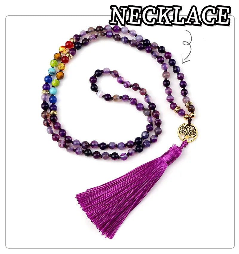 💜 Natural Purple Agate 108 Mala Necklace: Hand-Knotted Reiki Healing Stone – 7 Chakra Meditation Japamala & Boho Tassel Jewelry for Women