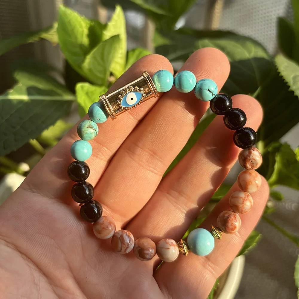 🧿 Lucky Evil Eye Natural Stone Beaded Bracelet – Turkish Protection Amulet | Unisex Jewelry for Yoga, Spirituality & Friendship Gifts