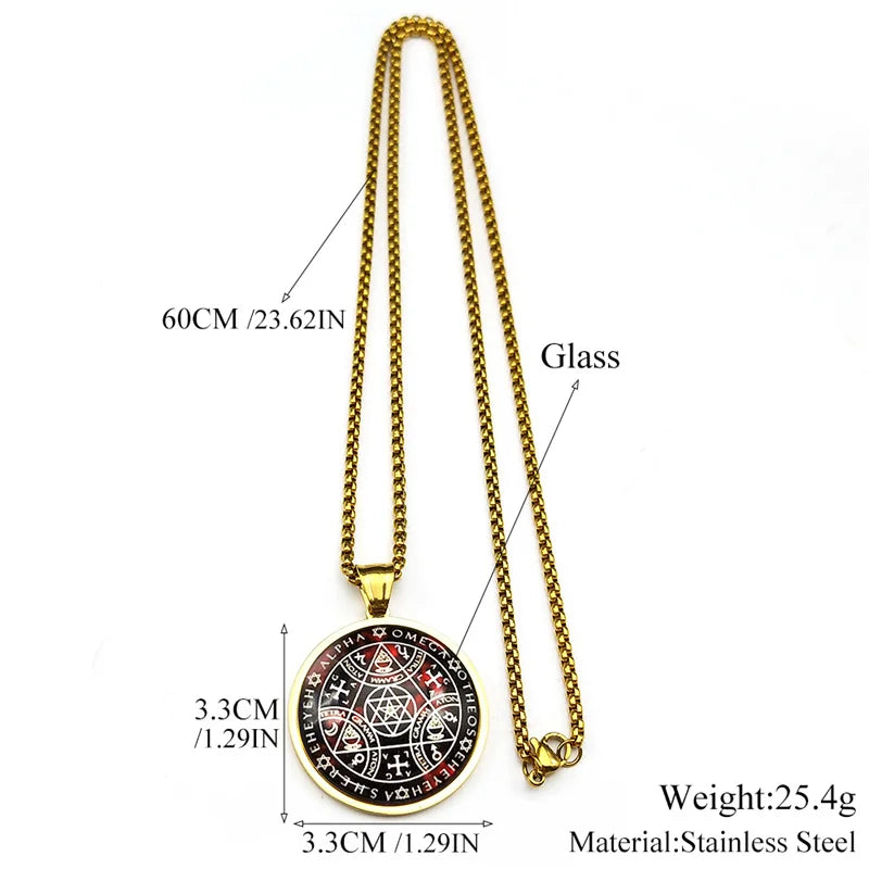 ✨ Key of Solomon Sigil Glass Round Medal Necklace – Stainless Steel Gold Color | Archangel Kabbalah Talisman Jewelry for Women & Men