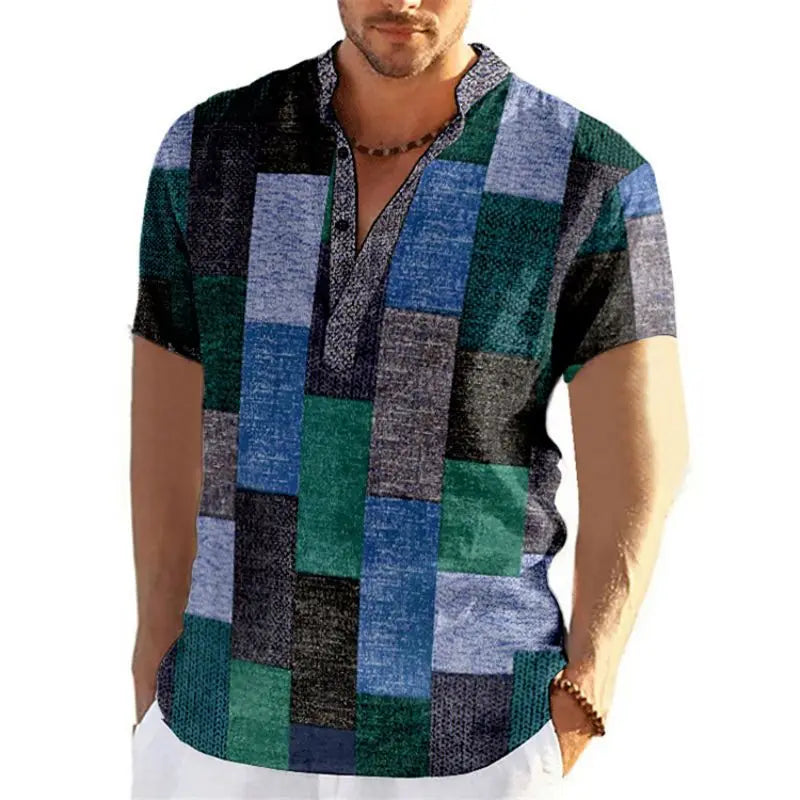 🎨 The Neo-Vintage 3D Patchwork Henley: Premium Men's Color-Block Fashion Tee – High-Definition Digital Print, Breathable Short-Sleeve 3-Button Henley, and Sophisticated Slim-Relaxed Fit
