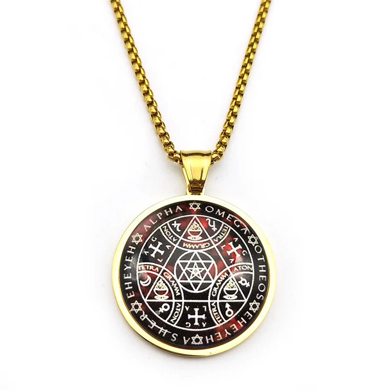 ✨ Key of Solomon Sigil Glass Round Medal Necklace – Stainless Steel Gold Color | Archangel Kabbalah Talisman Jewelry for Women & Men