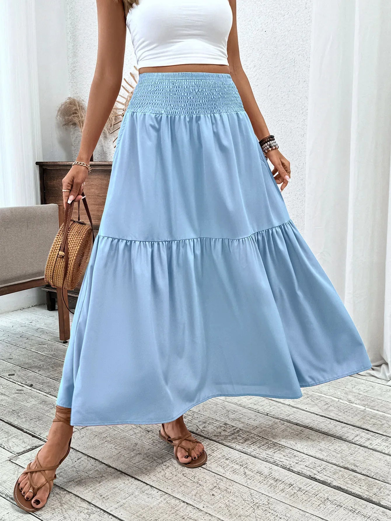 Women Floral Pleated Skirt – Retro High Waist Long Skirt for Stylish Casual Beach Wear