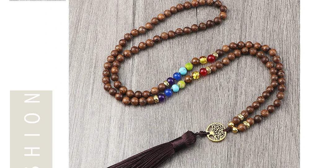 🌳 7 Chakra Wooden Japamala Necklace: Vintage Tree of Life 108 Bead Mala – Meditation, Yoga & Prayer Rosary with Healing Tassel