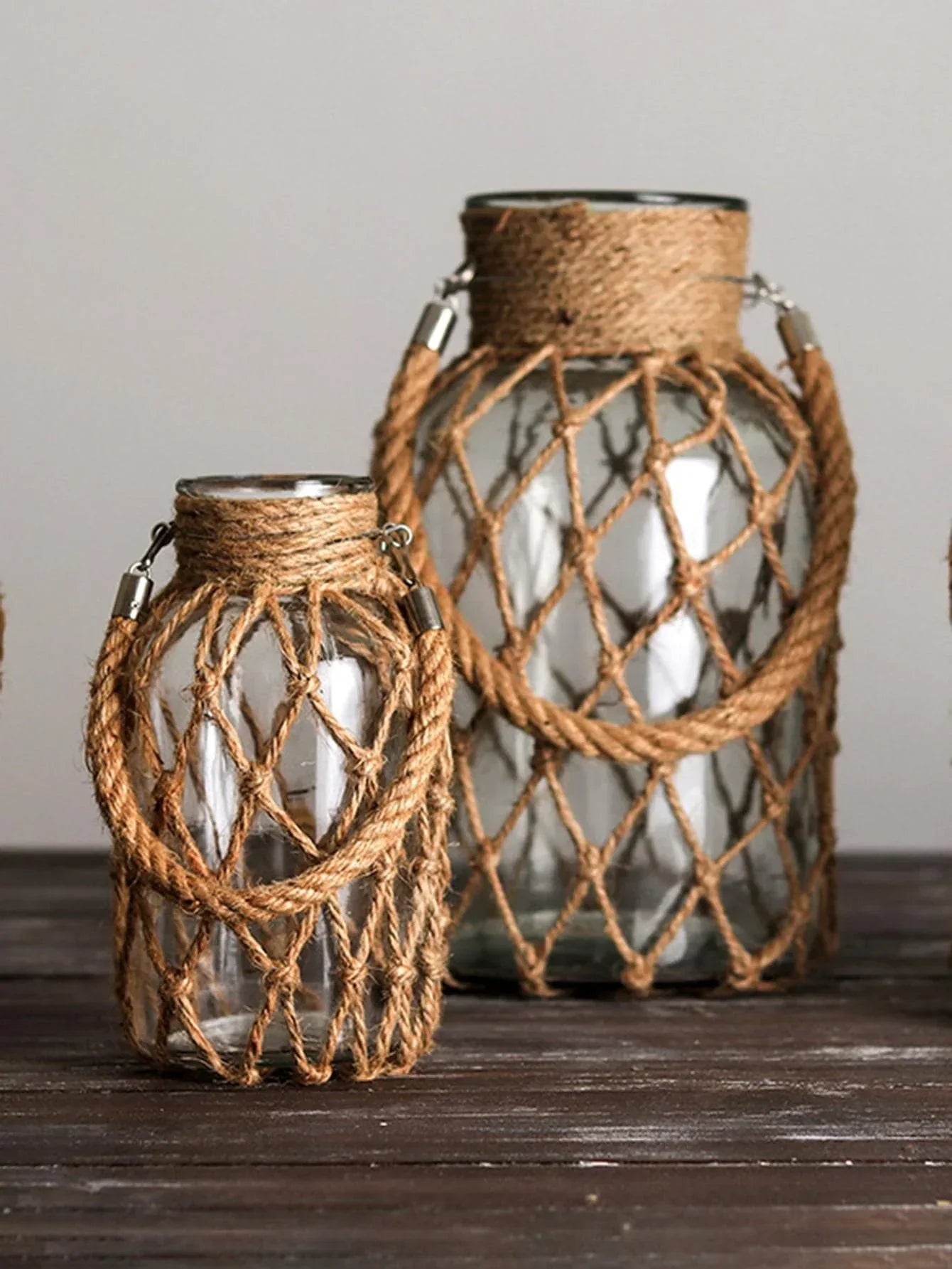 🌿Rustic Hanging Glass Vase with Hemp Rope Net – Handmade Transparent Glass Holder for Dried Flowers and Boho Home Décor