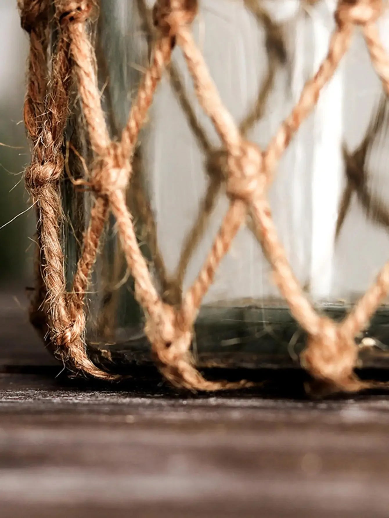 🌿Rustic Hanging Glass Vase with Hemp Rope Net – Handmade Transparent Glass Holder for Dried Flowers and Boho Home Décor