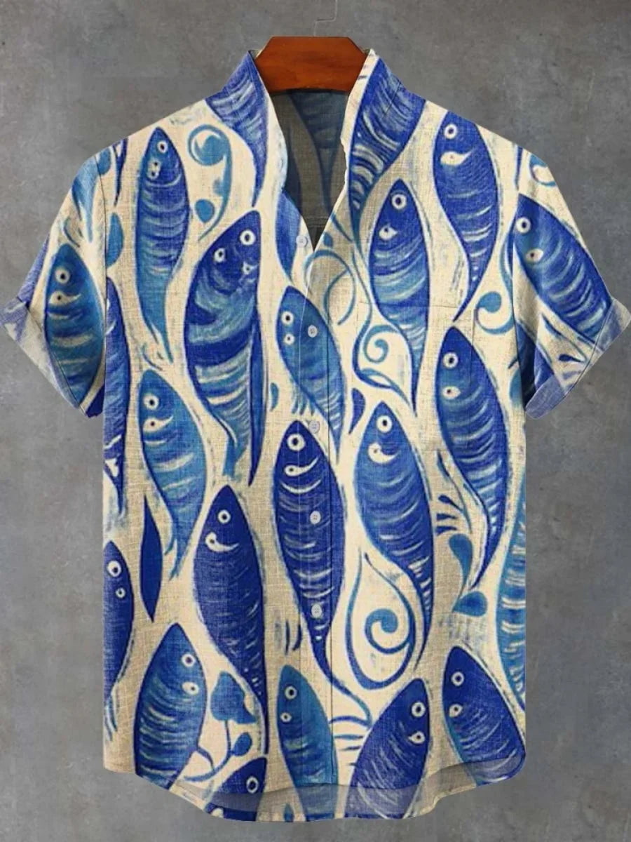 🌊 The Retro-Angler Heritage Shirt: Premium Men’s Vintage Fish-Print Casual Top – High-Definition Digital Print, Breathable Organic Cotton-Linen Blend, and Sophisticated Button-Down Short-Sleeve Silhouette SFQQQD792