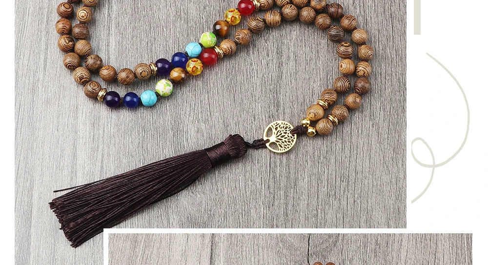 🌳 7 Chakra Wooden Japamala Necklace: Vintage Tree of Life 108 Bead Mala – Meditation, Yoga & Prayer Rosary with Healing Tassel