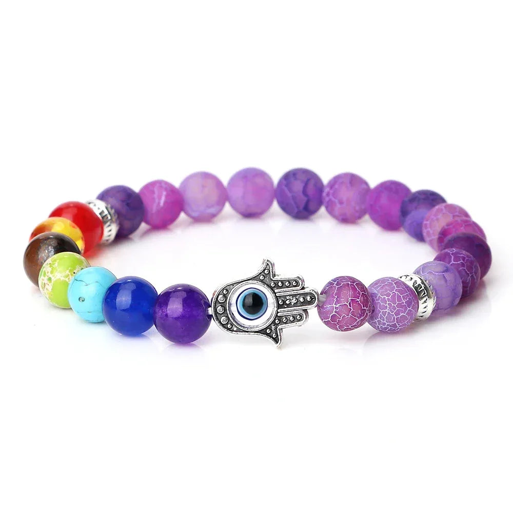 🧿 7 Chakra Protection Bracelet for Men: Natural Tiger Eye & Lava Stone with Evil Eye & Hamsa Hand – Anxiety Relief, Luck & Energy Healing Bangle Purple Weathered