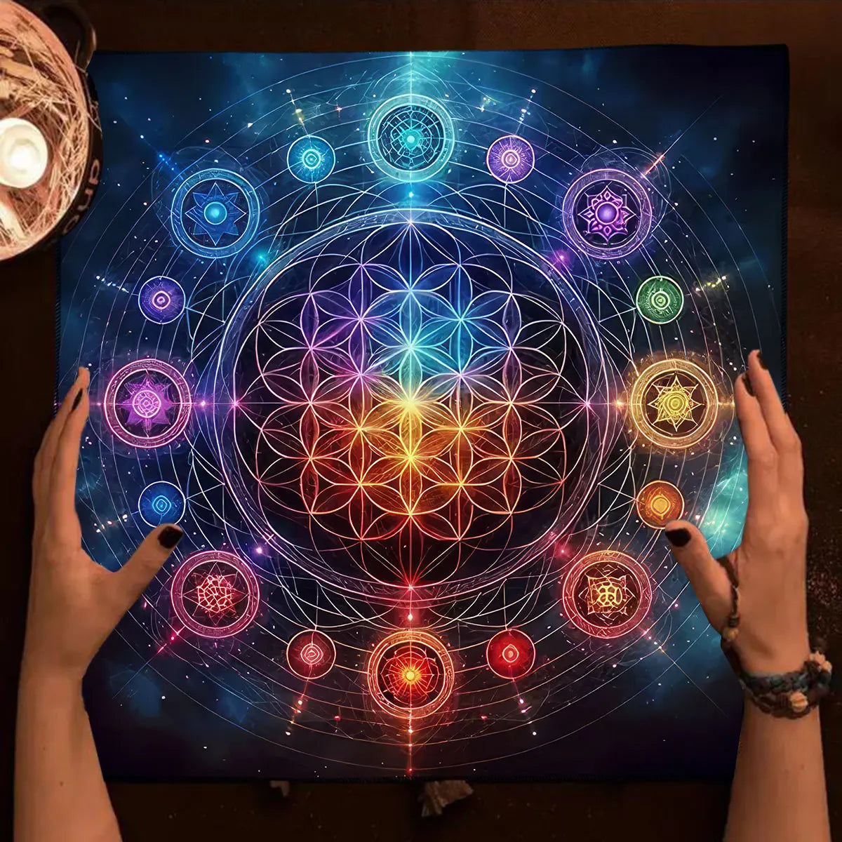 🃏 Colorful Flower of Life Tarot Tablecloth – Mandala Celestial Energy Altar Cloth for Astral Divination, Tarot Mat & Mystical Home Decor TLB (767)