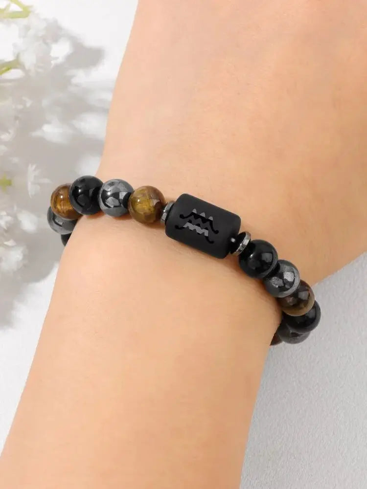 ✨ 12 Constellation Zodiac Sign Bracelet – Tiger Eye, Hematite & Obsidian Triple Protection Stone Beaded Bangle – Empowering Energy Jewelry Gift