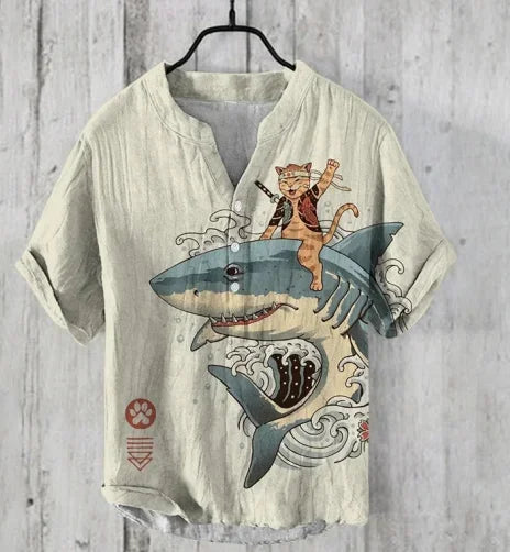 The Bamboo-Zen Anime Edition Premium Unisex Bamboo-Linen V-Neck Shirt - High-Definition Anime Feline Character Print Ultra-Breathable Eco-Fiber Blend Spring Summer Casual Button-Down Apparel Beige