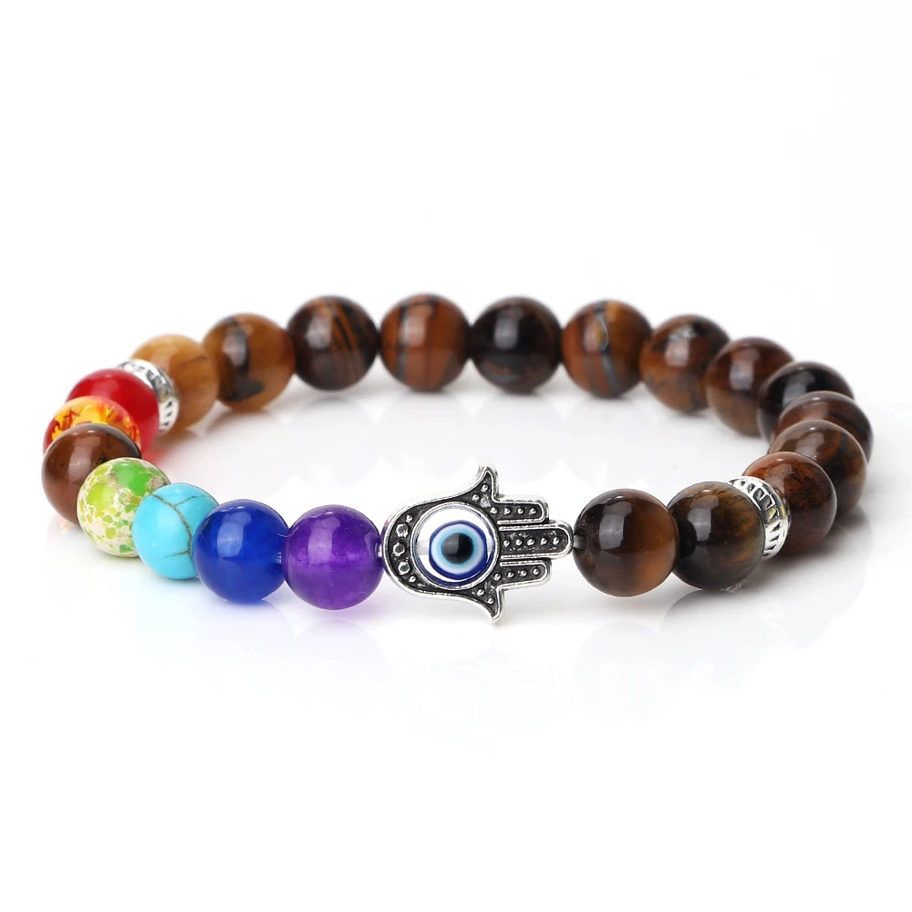 🧿 7 Chakra Protection Bracelet for Men: Natural Tiger Eye & Lava Stone with Evil Eye & Hamsa Hand – Anxiety Relief, Luck & Energy Healing Bangle Tiger Eye Stone
