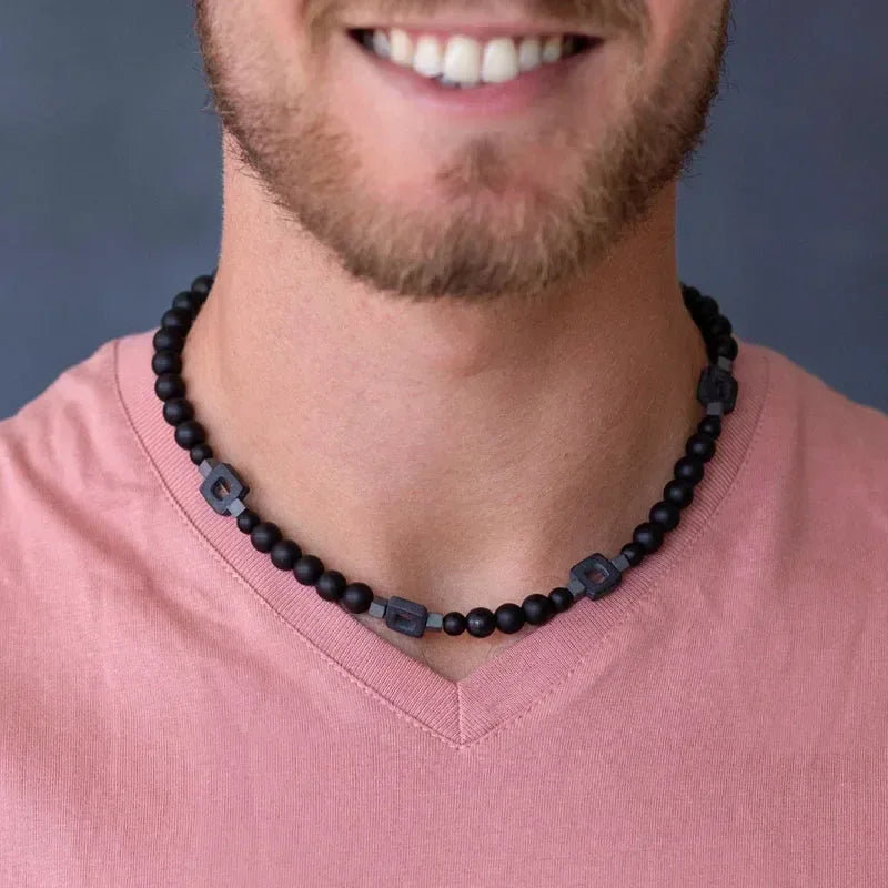 ✨ Men’s Gemstone Necklace – Black Agate & Hematite Cube Beads – Bold Style and Spiritual Protection