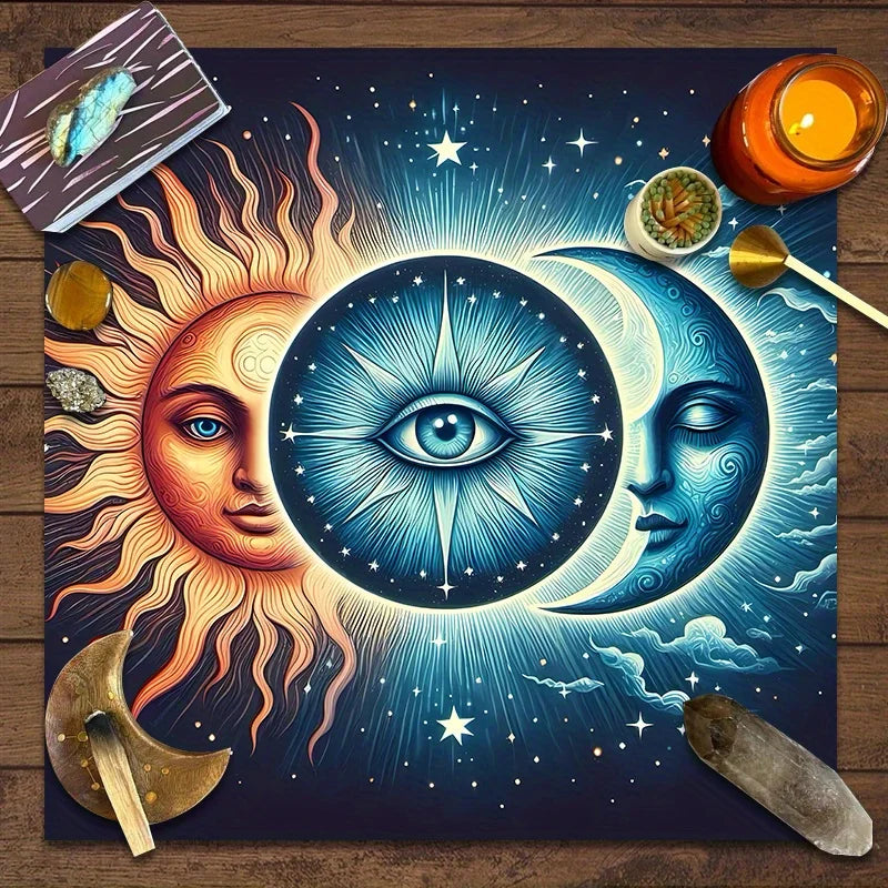 🃏VIKAMA Sun & Moon Tarot Tablecloth – Black Floral Altar Cloth for Tarot Divination, Meditation & Holiday Spiritual Decor