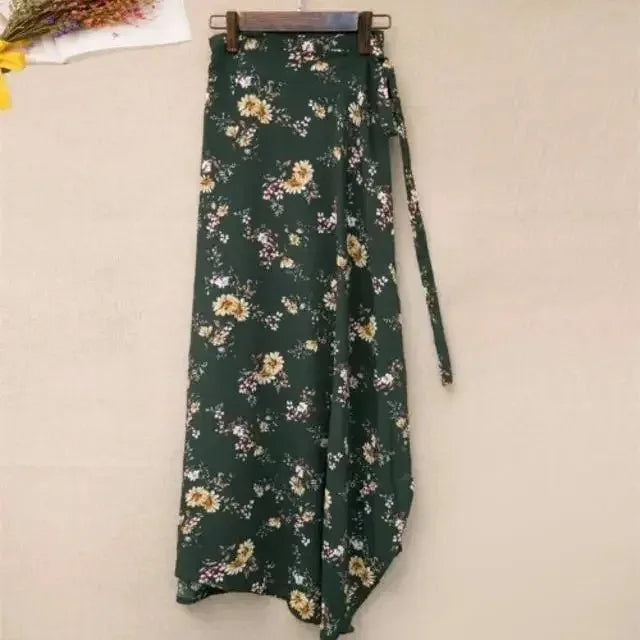 🌟 Summer Beach Floral Skirt for Women Cotton High Waist Wrap Maxi Skirt Long with Side Slit & Tie Detail Boho Style Design﻿