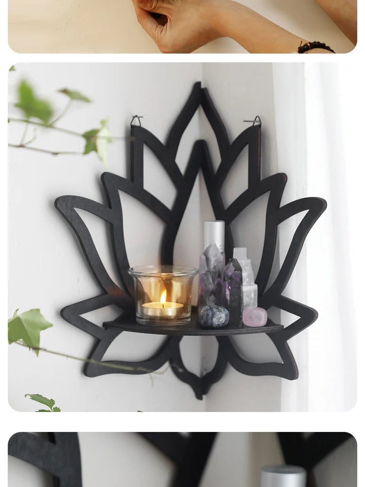 Wooden Lotus Aromatherapy Organizer – Hollow Decorative Rack with Essential Oil & Candle Holder for Wall-Mounted Corner Spaces