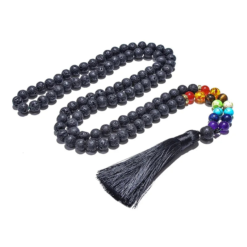 🌋 8mm Black Lava Stone & 7 Chakra Healing Mala Necklace (108 Beads) – Aromatherapy Diffuser, Meditation Prayer Beads & Yoga Japamala Rosary Set