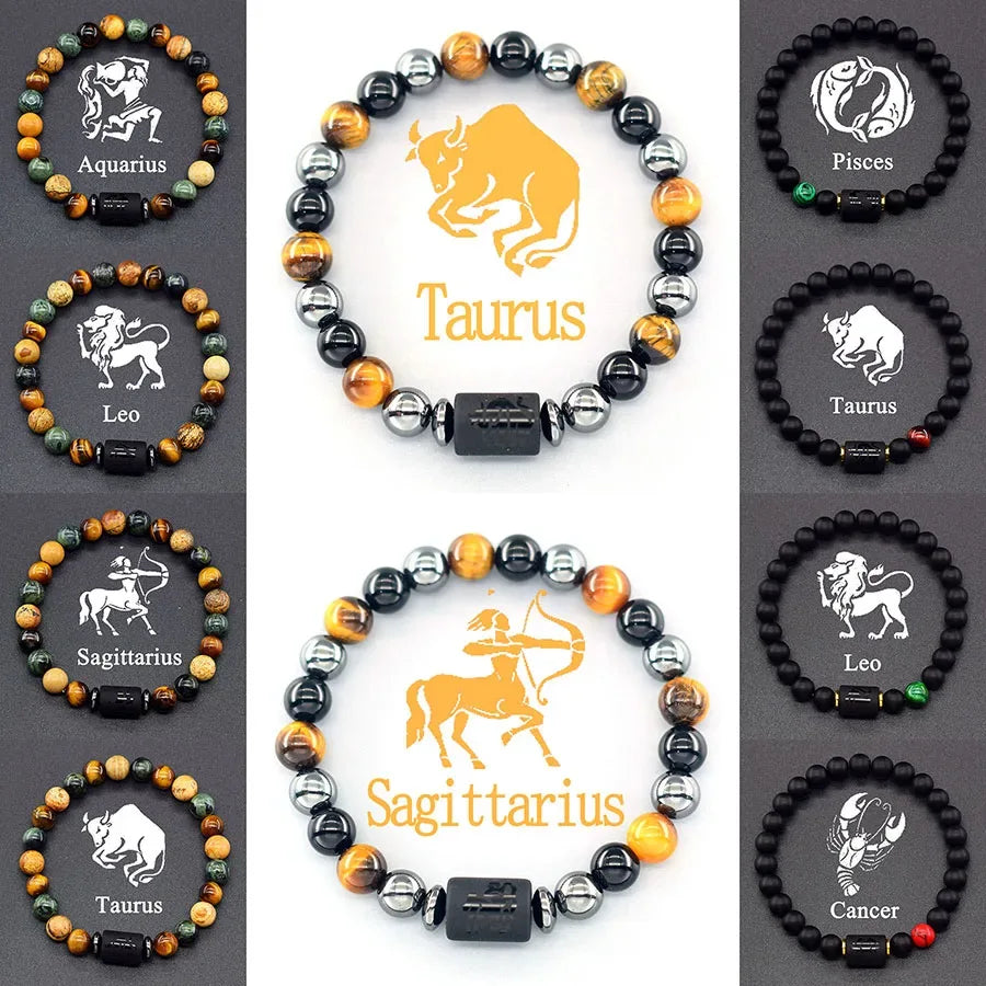 ✨ 12 Zodiac Sign Bracelet Homme – Natural Yellow Tiger Eye Stone & Hematite Constellation Bangle – Cancer, Taurus, Libra Astrology Bracelet for Women