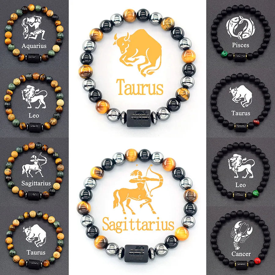 ✨ 12 Zodiac Sign Bracelet Homme – Natural Yellow Tiger Eye Stone & Hematite Constellation Bangle – Cancer, Taurus, Libra Astrology Bracelet for Women