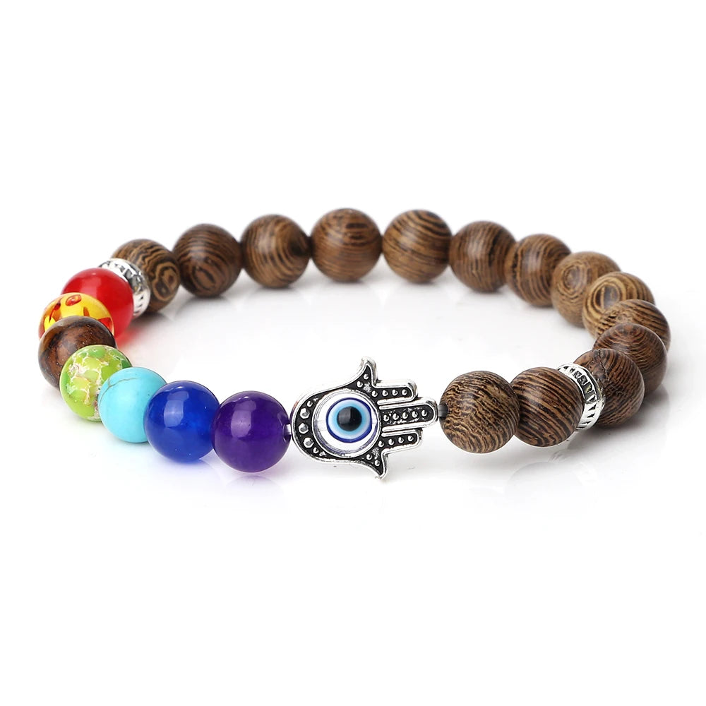 🧿 7 Chakra Protection Bracelet for Men: Natural Tiger Eye & Lava Stone with Evil Eye & Hamsa Hand – Anxiety Relief, Luck & Energy Healing Bangle Wooden Beads