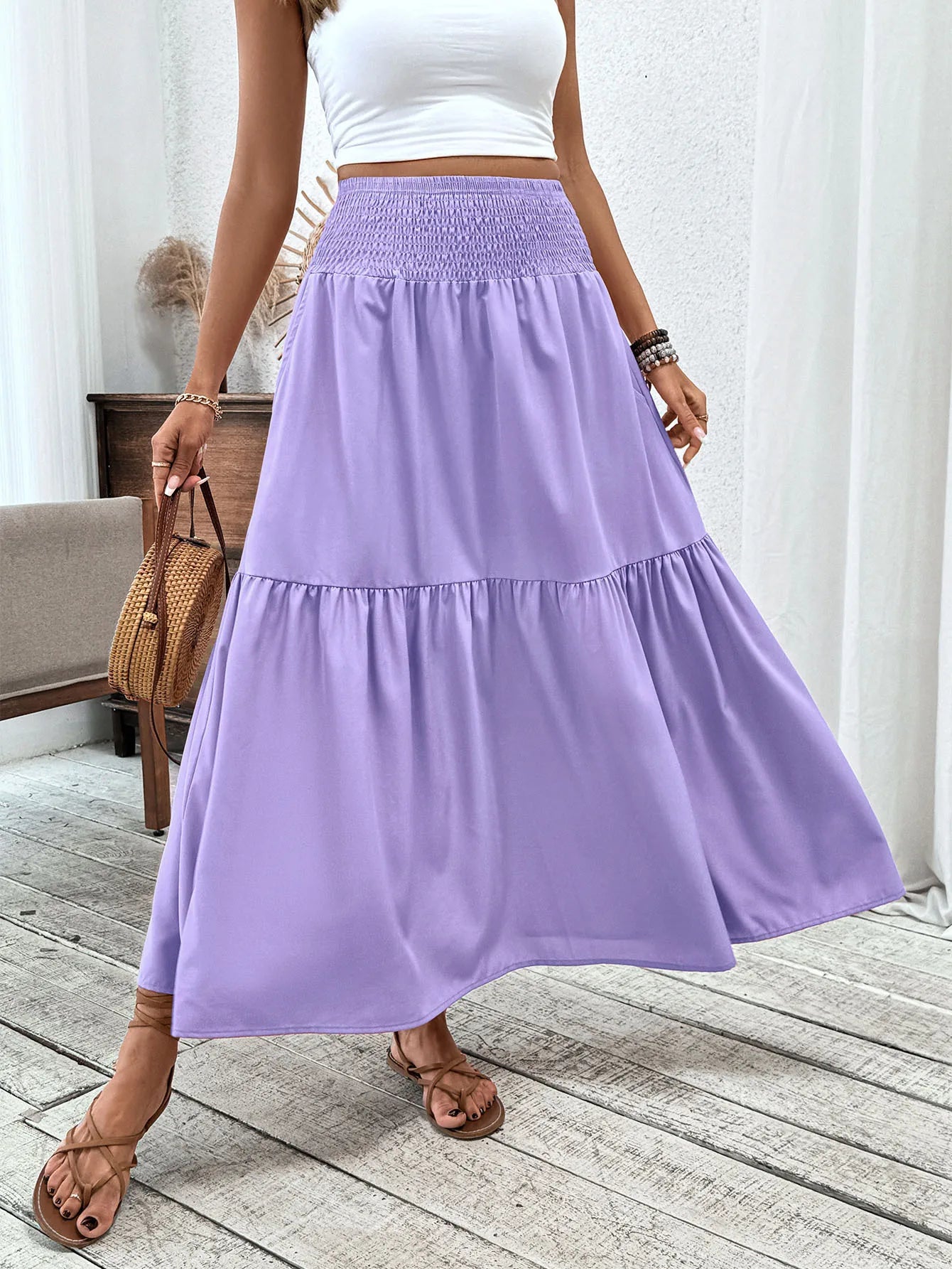 Women Floral Pleated Skirt – Retro High Waist Long Skirt for Stylish Casual Beach Wear Light Purple