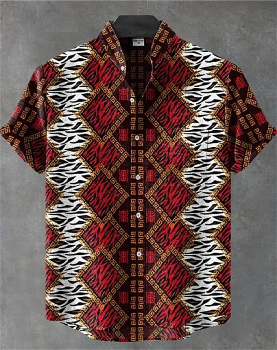 🌍 The Ethnic Heritage Edition: Premium Men’s Retro Linen Shirt – High-Definition Tribal Graphic Print, Breathable Organic Cotton-Linen Blend, and Sophisticated Modern-Fit Holiday Streetwear สีเหลือง