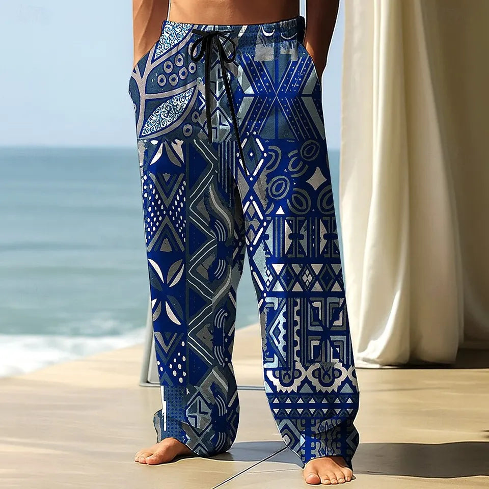 🎨 The Ethno-Geometric Urban Nomad Trousers: Premium Men’s Wide-Leg Pants – High-Definition Ethnic Print, Mid-Rise Elastic Drawstring Waist, Breathable Outdoor Comfort, and Sophisticated Autumn Silhouette