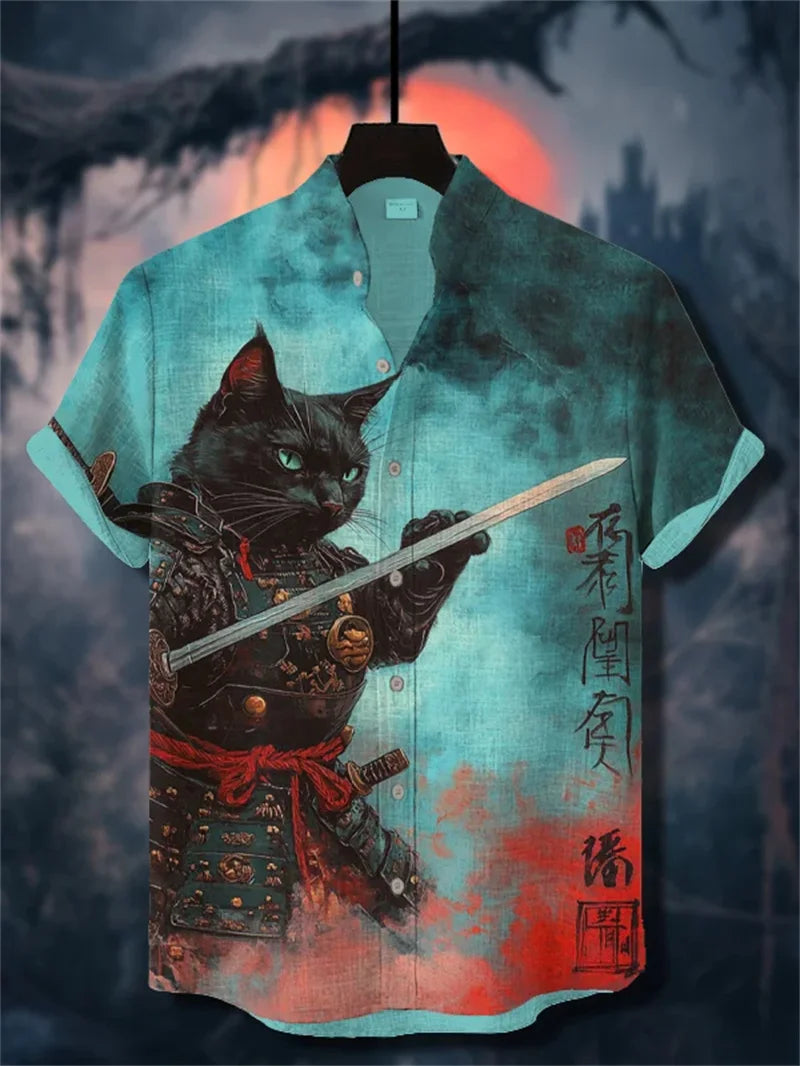 ⚔️ The Neko-Warrior Heritage: Premium Men’s 3D Samurai Cat Linen Shirt – High-Definition Plum Blossom Graphic Print, Breathable Organic Cotton-Linen Blend, and Sophisticated Harajuku-Inspired Summer Button-Down ML656