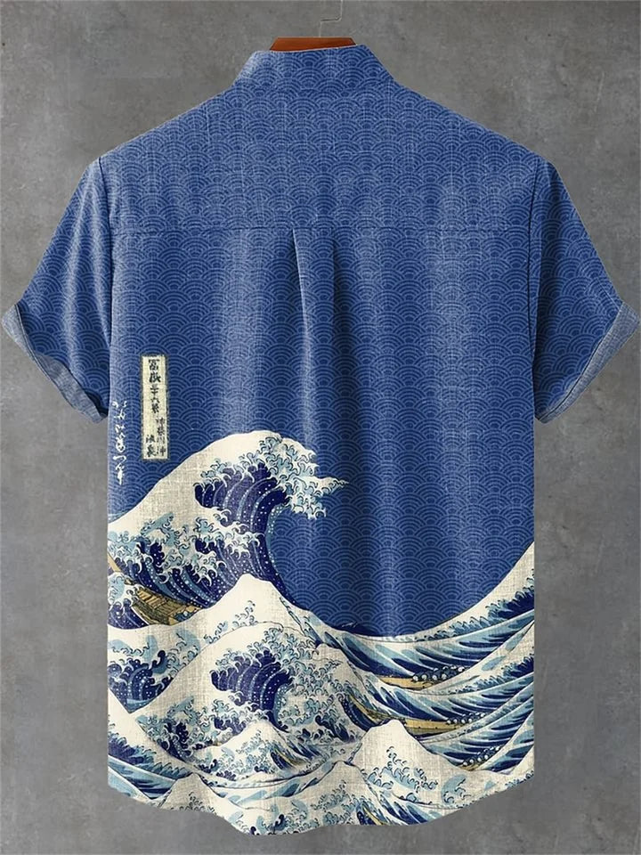 🌊 The Zen Wave Heritage: Premium Men’s 3D Printed Linen Shirt – High-Definition Retro Japanese Wave Graphic, 100% Breathable Organic Linen-Hybrid, and Sophisticated Hawaiian Beach Holiday Short-Sleeve