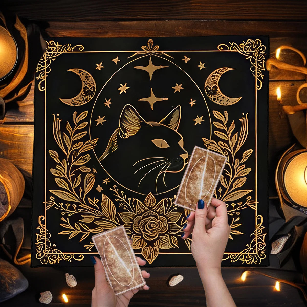 🌟Gold Witchcraft Cat Altar Cloth | Tarot Tablecloth for Spread & Reading | Starry Sky Divination Mat | Altar Decor Pad